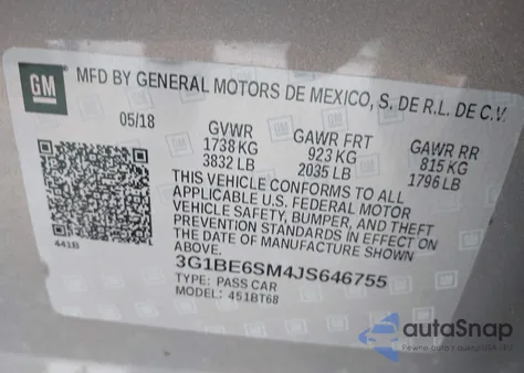 2018 Chevrolet Cruze Lt Auto из США, поврежденный, VIN 3G1BE6SM4JS646755